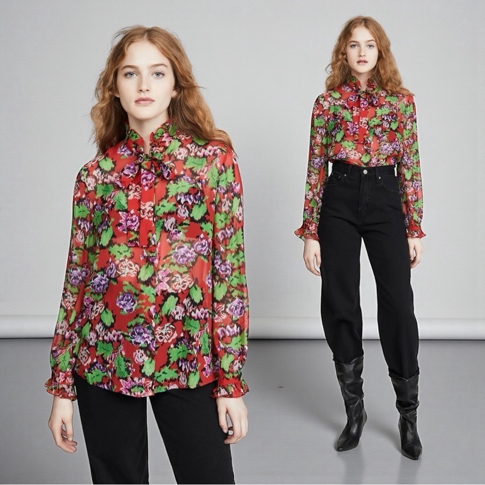 Saloni Women's 100% Silk Emile Blouse in Cherry Damask In Size US 2